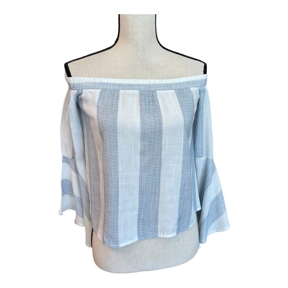 SEEK the Label Womens Top Off the Shoulder Bell Sleeve Blue White Striped S